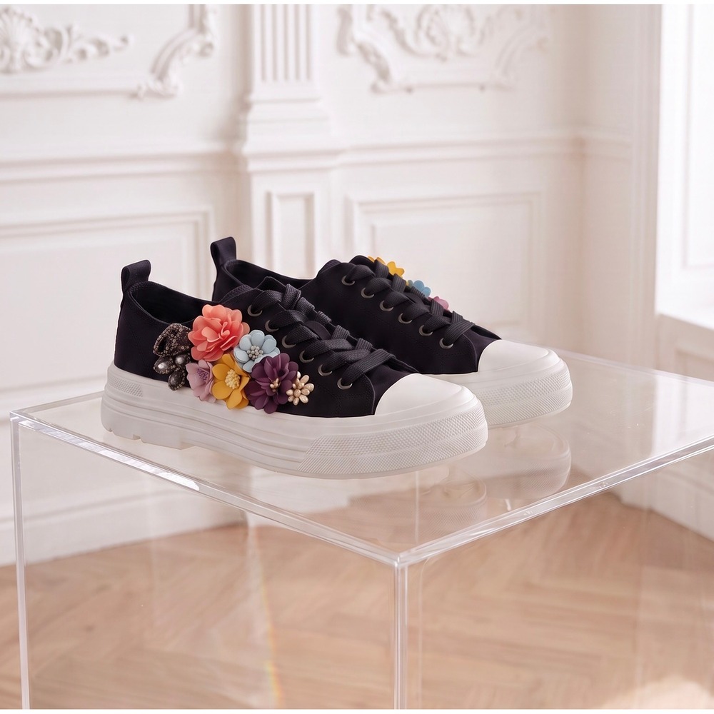 POKEMAOKE Italy Black Canvas Platform Sneakers 3D Flowers Crystals EU 37